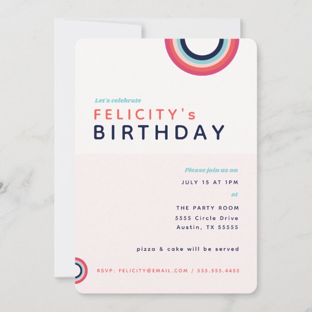 Rainbow Birthday Kids Pink Blue Teal Party Invitation (Front)
