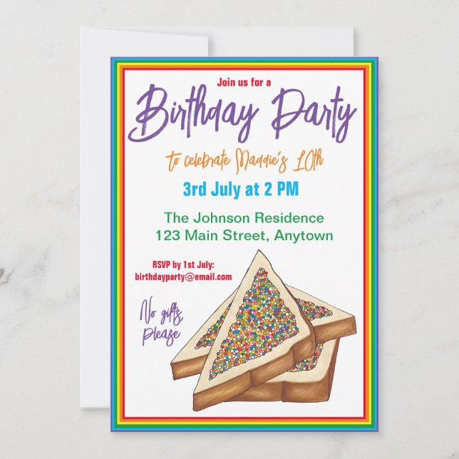 Rainbow Birthday Party Australian Fairy Bread Food Invitation (Front)