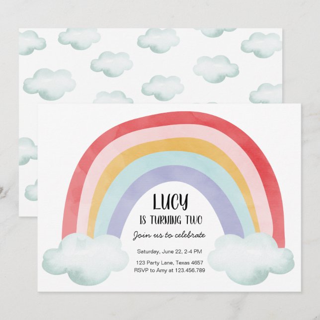 Rainbow Birthday Party Clouds Watercolor Girl Invitation (Front/Back)