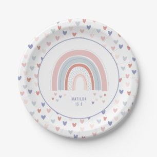 Rainbow birthday party decor in pink purple + blue paper plate
