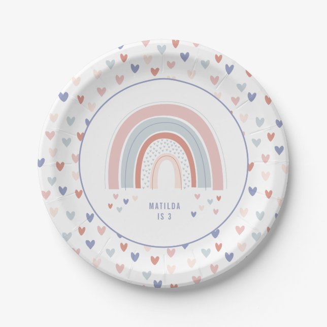 Rainbow birthday party decor in pink purple + blue paper plate (Front)