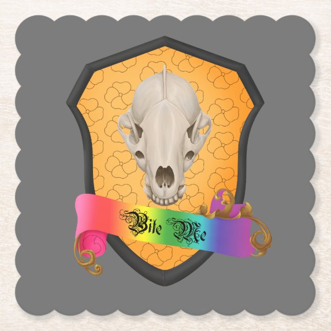 Rainbow Bite Me Badger Skull Paper Coaster (Front)