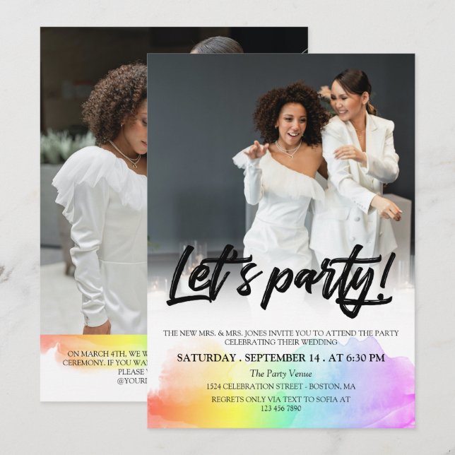 Rainbow Black Brush Script Let's Party Photo Invitation (Front/Back)