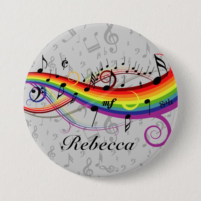 Rainbow Black Musical Notes on Grey 3 Inch Round Button (Front)