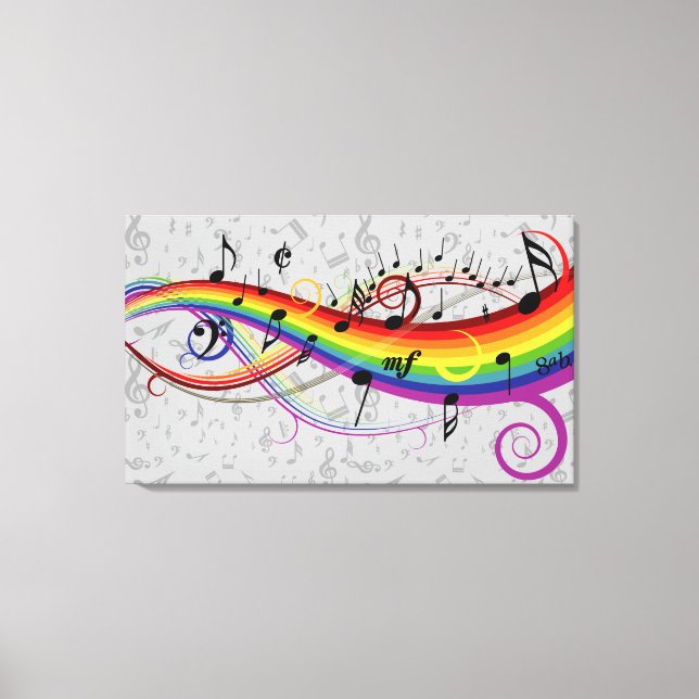 Rainbow Black Musical Notes on Grey Canvas Print (Front)
