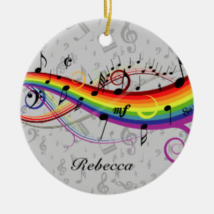 Rainbow Black Musical Notes on Grey Ceramic Ornament