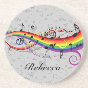 Rainbow Black Musical Notes on Grey Coaster