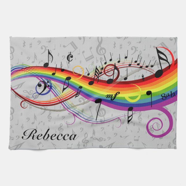 Rainbow Black Musical Notes on Grey Kitchen Towel (Horizontal)