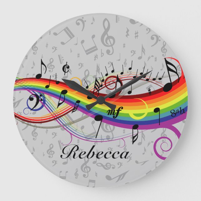Rainbow Black Musical Notes on Grey Large Clock (Front)