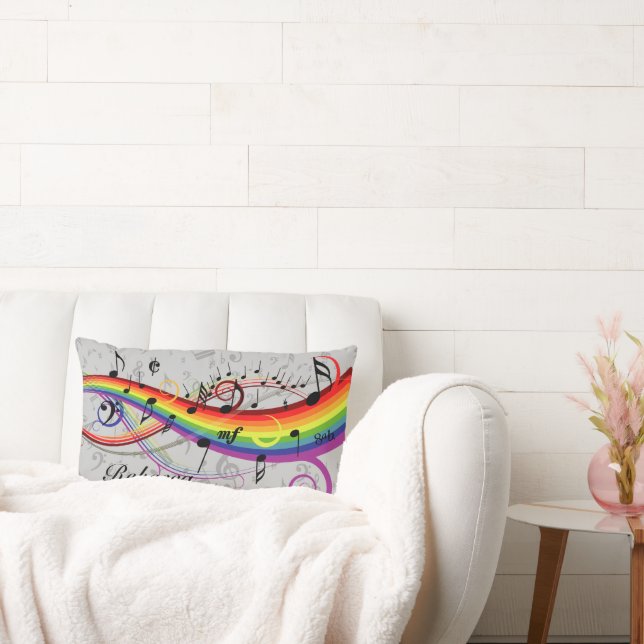 Rainbow Black Musical Notes on Grey Lumbar Pillow (Couch)