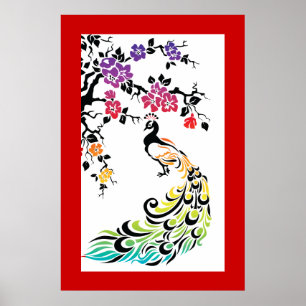 Rainbow, black peacock and cherry blossoms poster