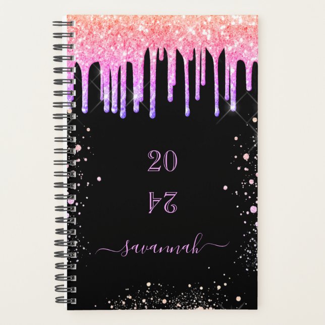 Rainbow black pink glitter drips glamorous 2023 planner (Front)