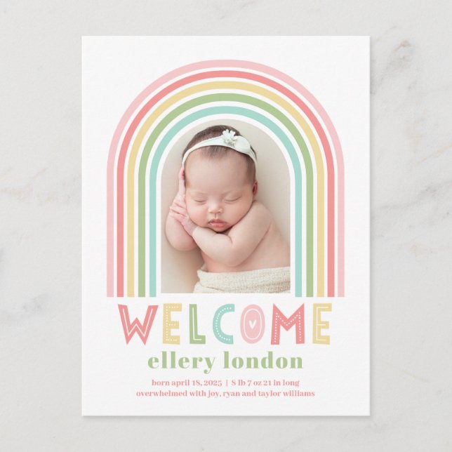Rainbow Bliss Baby Birth Announcement Postcard (Front)