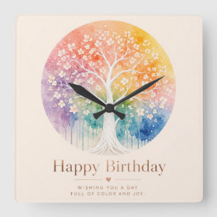 Rainbow Blossom Tree Birthday Joy Square Wall Clock