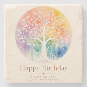 Rainbow Blossom Tree Birthday Joy Stone Coaster