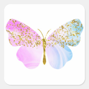 Rainbow blue violet with Gold Glitter Butterfly  Square Sticker