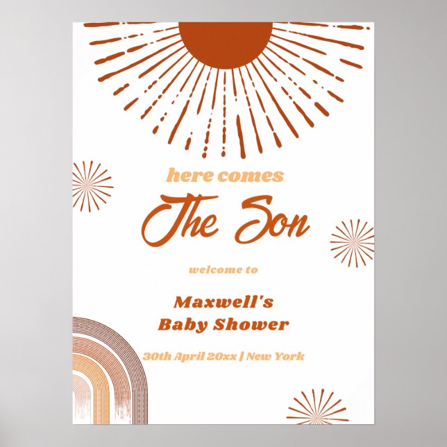 Rainbow Boho Here Comes Baby Shower Welcome Poster (Front)