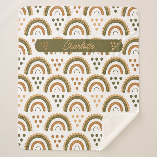 Rainbow Boho Personalized Green White Brown Sherpa Blanket (Front)
