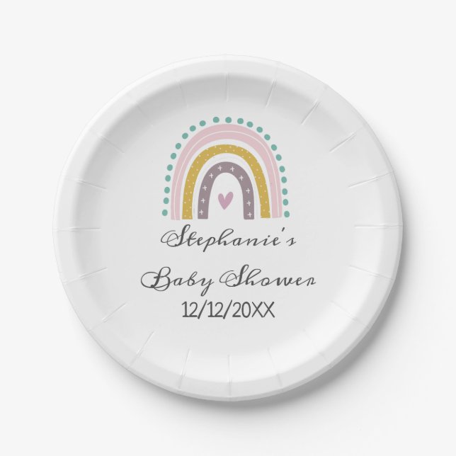 Rainbow, Boho, Pink, Teal, Hearts, Baby Shower  Paper Plate (Front)