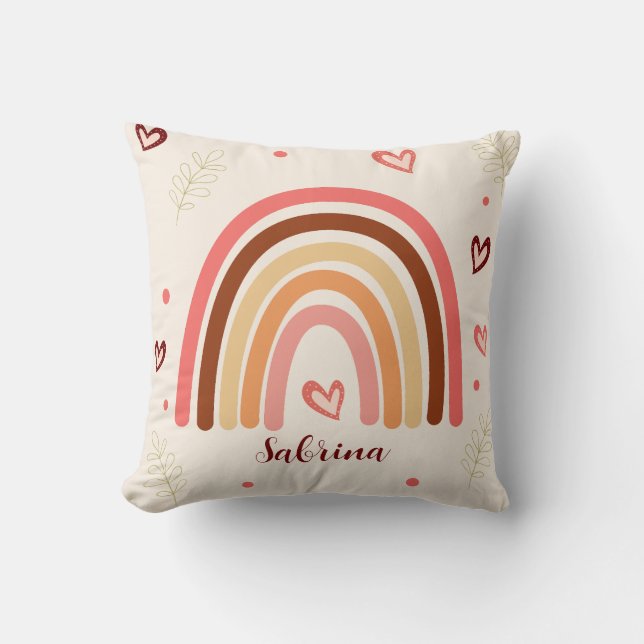  Rainbow Boho Polka Dots and Harts Personalized  Throw Pillow (Front)