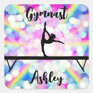 Rainbow Bokeh Blast Gymnastics Beam Personalized   Square Sticker