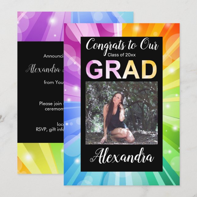 Rainbow Bokeh Bubble Art Photo Graduation Invitation (Front/Back)