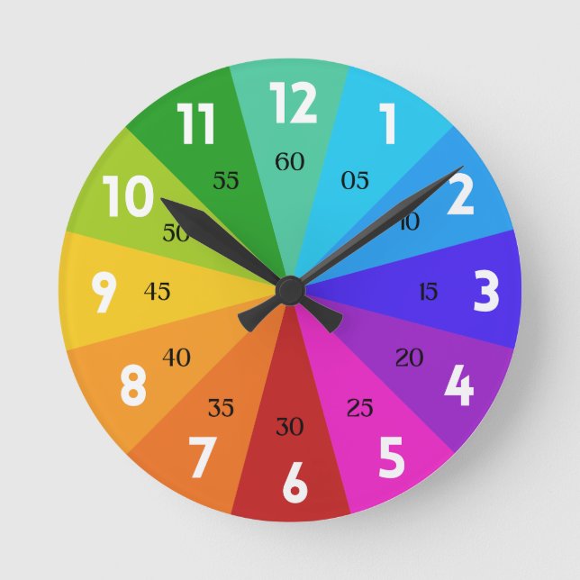 Rainbow Bold Colour Palette Learn to Tell Time Kid Round Clock (Front)
