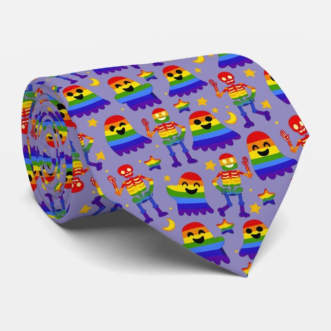 🦇🌈 Rainbow Bones & Stars  Tie (Rolled)