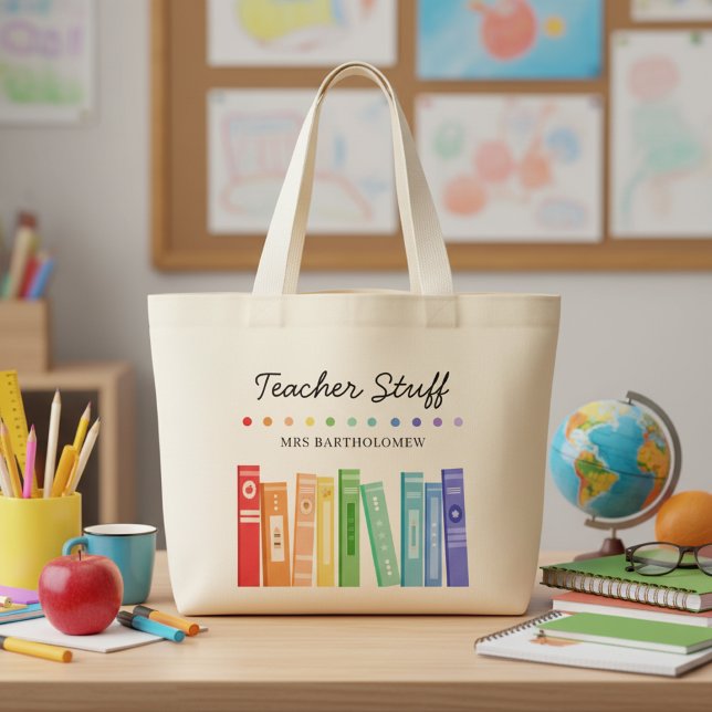 Rainbow Books Kindergarten Teacher Custom Large Tote Bag (Creator Uploaded)