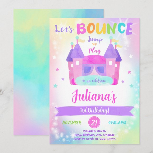 Rainbow Bounce House Invitation d'anniversaire (Devant / Derrière)