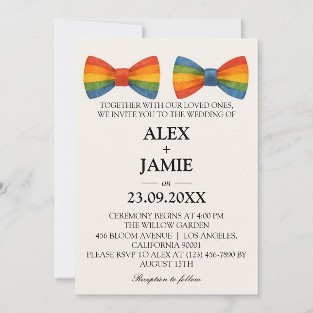 Rainbow Bow Cravate LGBT Gay Faire-part de mariage (Devant)