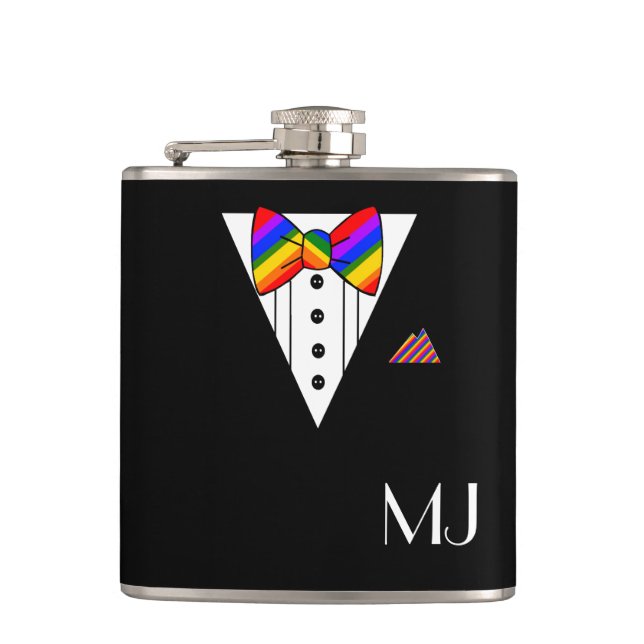 Rainbow Bow Tie Black Tuxedo Monogrammed Hip Flask (Front)
