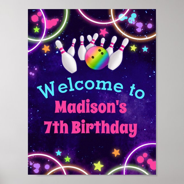 Rainbow Bowling Birthday Party Welcome Sign (Front)