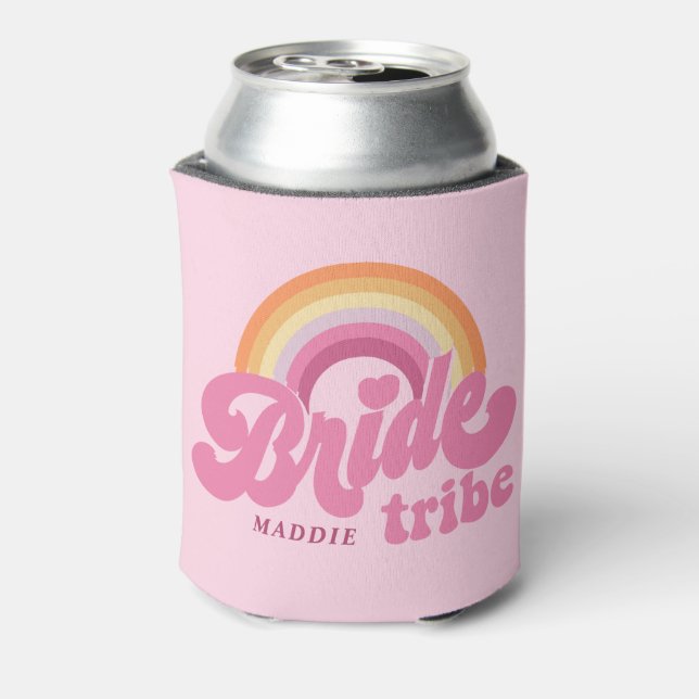 Rainbow Bride Tribe Retro Personalized Can Cooler (Can Back)