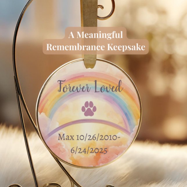 Rainbow Bridge Pet Loss Ornament | Interactive QR (Rainbow Bridge pet memorial ornament with pink paw print, pastel rainbow, clouds, & custom pet name)