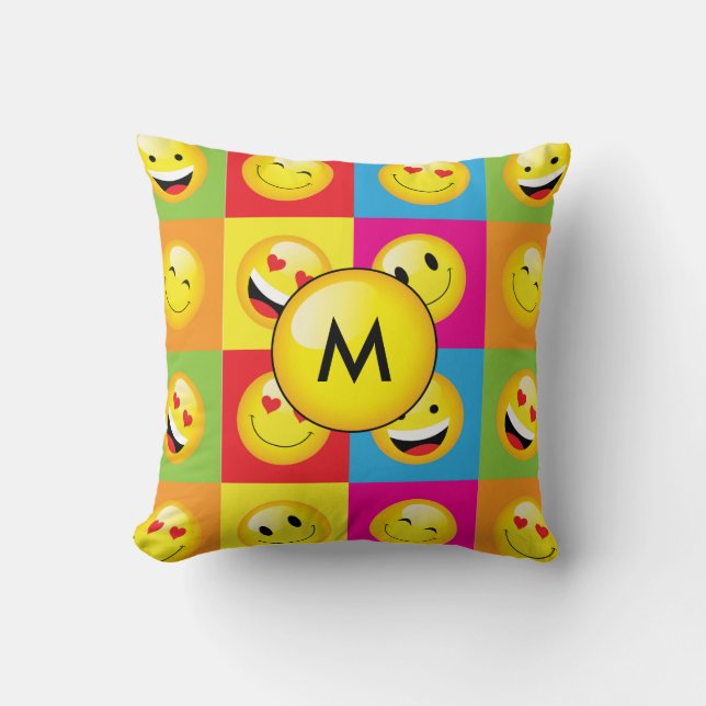 Rainbow Bright Monogram Emoji Art Pattern Throw Pillow (Front)