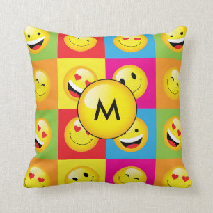 Rainbow Bright Monogram Emoji Art Pattern Throw Pillow