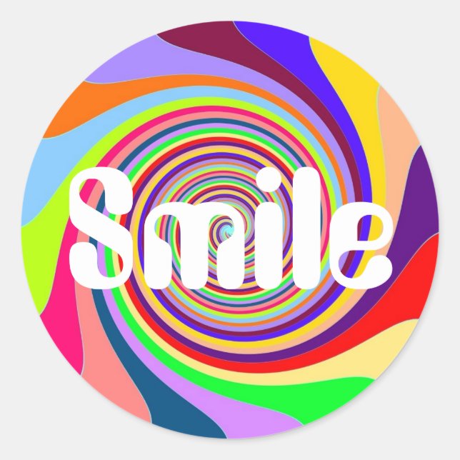 Rainbow bright "Smile" psychedelic candy swirl Classic Round Sticker (Front)