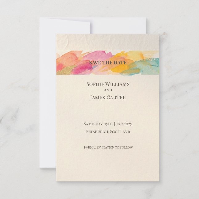 Rainbow Brushstroke Save the Date Card (Front)