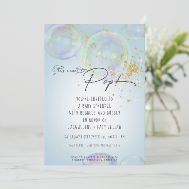 Rainbow Bubbles Ready to Pop Boy Baby Shower Bluk Invitation (Standing Front)