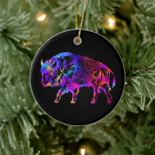 Rainbow Buffalo Bison Ceramic Ornament