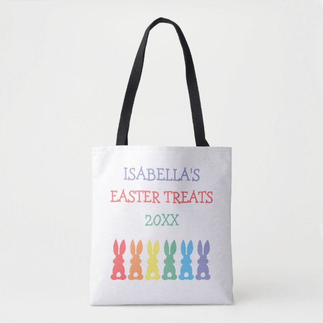 Rainbow Bunnies Personalized Easter Treats Kids Tote Bag (Front)