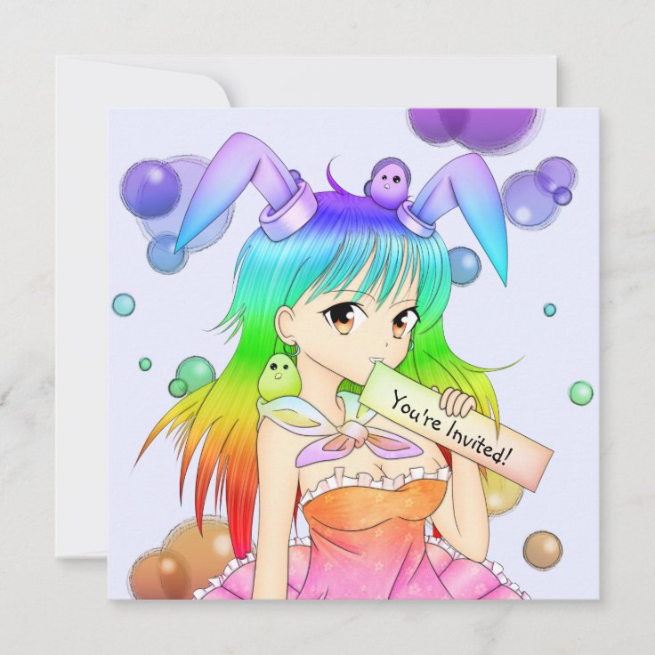 Rainbow Bunny Anime Girl Invitation | Zazzle