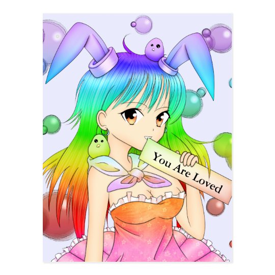 rainbow bunny anime girl postcard