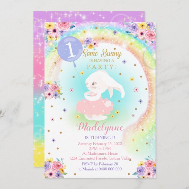Rainbow Bunny Invitation Bunny Anniversaire (Devant / Derrière)