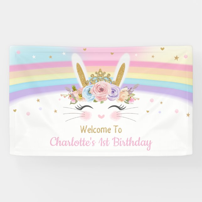 Rainbow Bunny Rabbit Baby Shower Birthday Backdrop Banner (Horizontal)