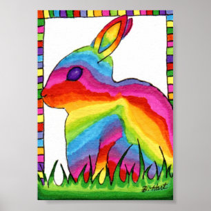 Rainbow Bunny Rabbit Mini Folk Art Poster