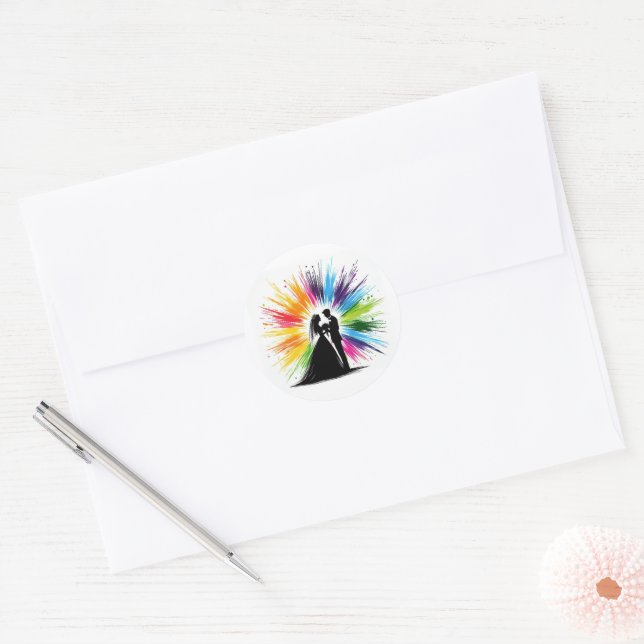 Rainbow Burst Couple Classic Round Sticker (Envelope)