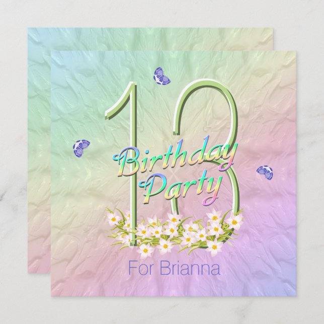 Rainbow Butterflies 13th Birthday Party Invitation (Front/Back)