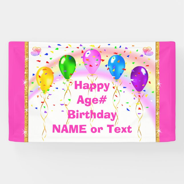 Rainbow, Butterflies and Balloons, Pink Birthday Banner (Horizontal)